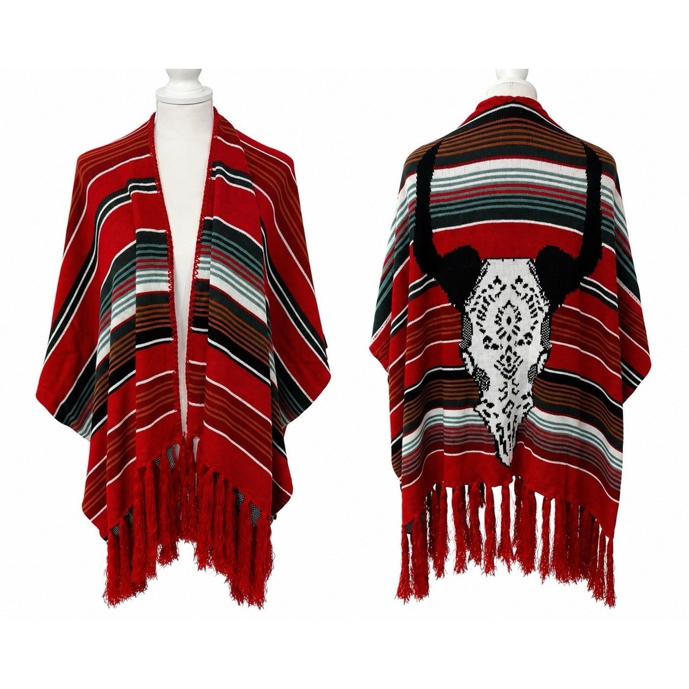 NWT Cow Skull Serape Ruana Cape Cardigan Red Western Fringe Poncho One Size Boho
